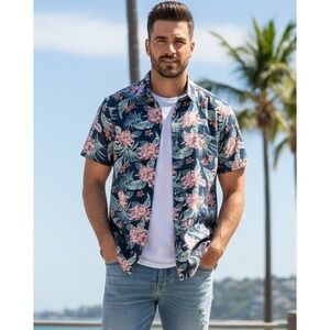 Denim & Flower Ricky Singh Men's Floral Hawaiian Shirt Beach Button Up Size L